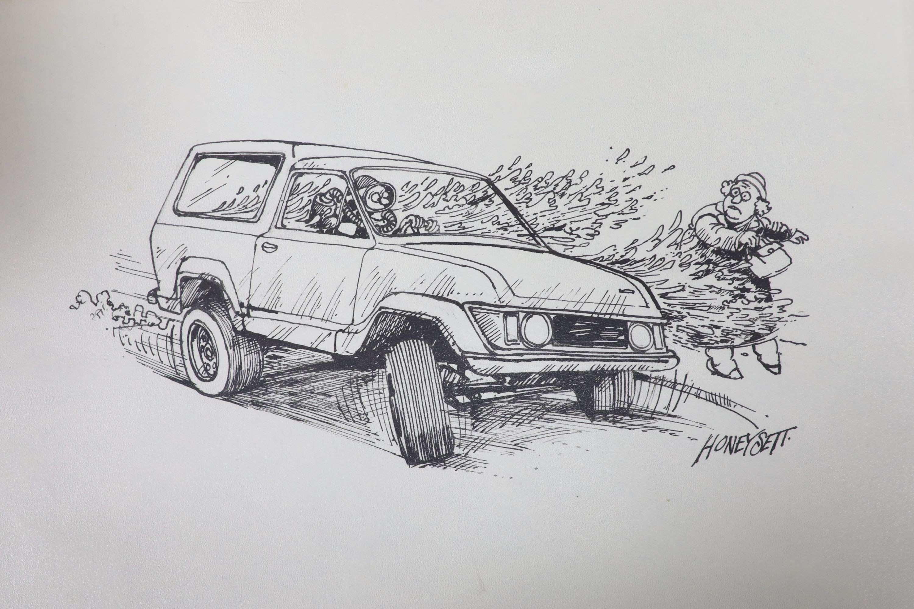 Martin Honeysett (b.1943-), four original cartoons, three wheeler Rolls Royce (Kitcars, Sept 1982), car cleaning, shortening the chassis...(Kitcars July 1982) and water-logged, signed, 20.5 x 30cm. unframed.